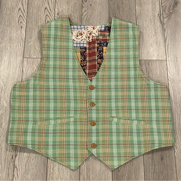 Vintage Patch Magic Quilted Reversible Vest Size XL Patchwork/Plaid Green/Button - Picture 12 of 15